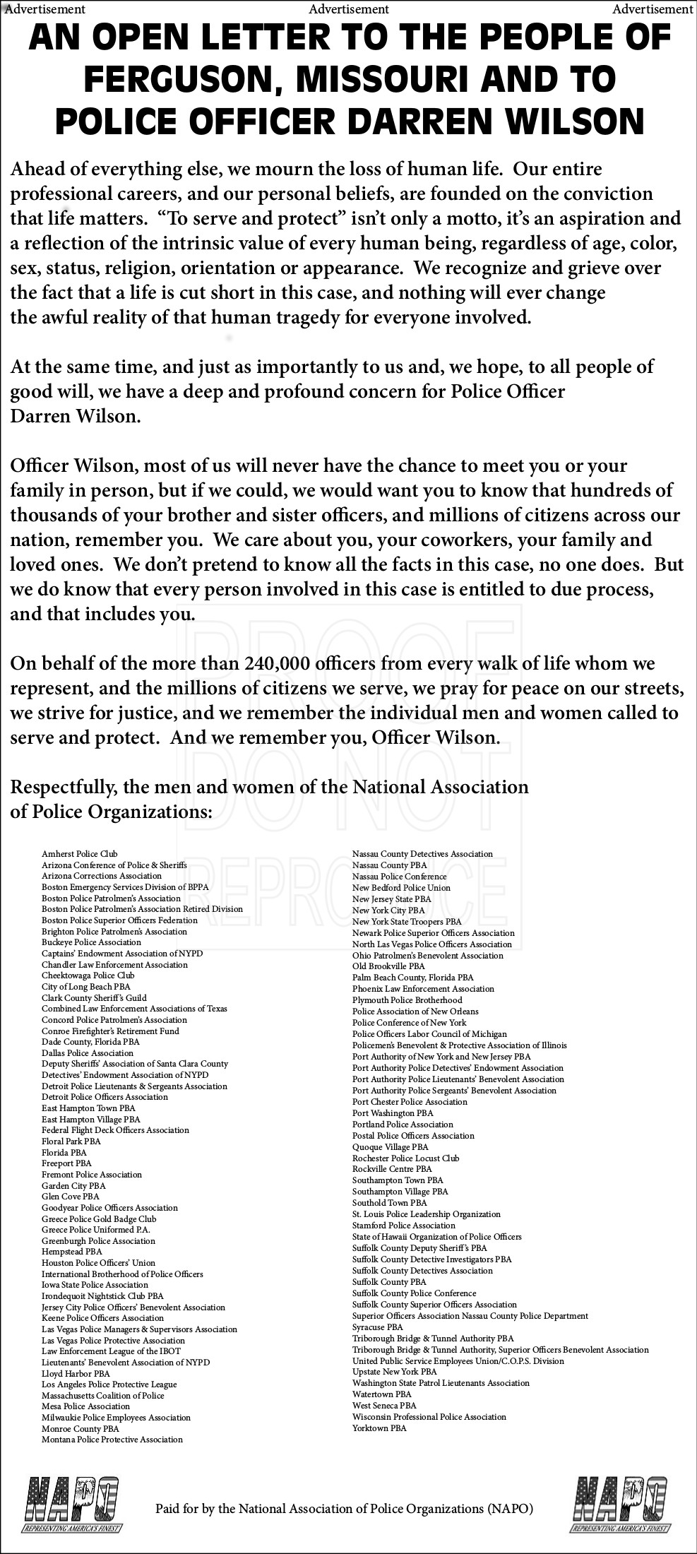NAPO Letter of Support for Officer Darren Wilson