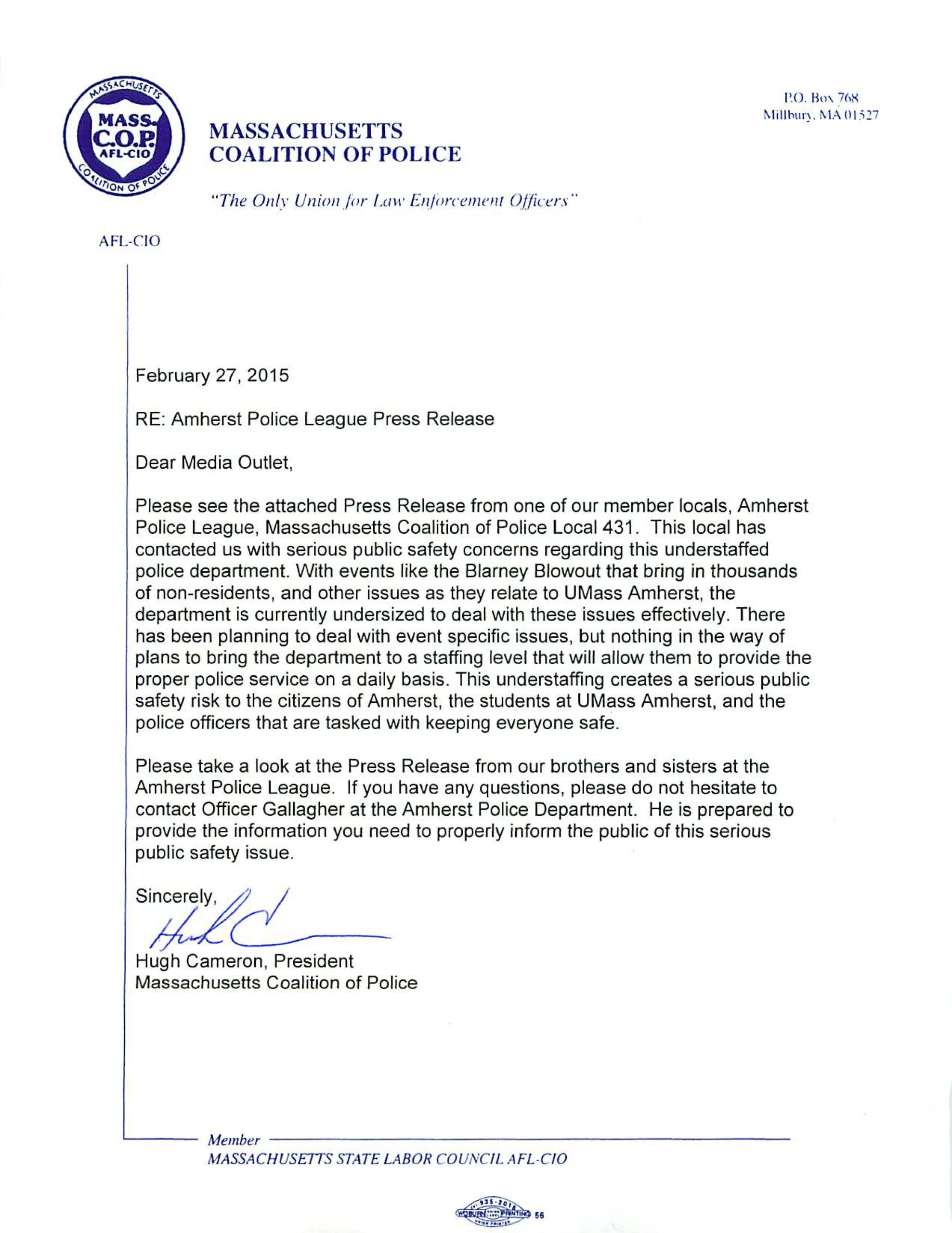 Amherst Police League Press Release